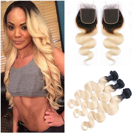 

Brazilian Ombre Blonde Virgin Human Hair Weave Bundles with Closure Body Wave #1B/613 Ombre Human Hair 3Bundle Deals with 4x4 Lace Closure