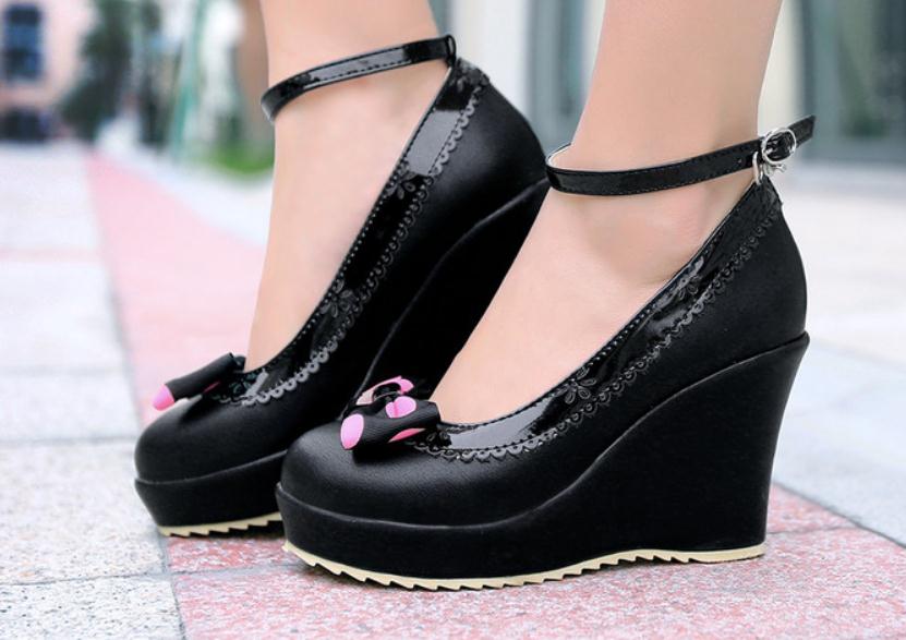 

Free send 2018 spring new style bowknot princess shoes Slope heel round head shallow mouth thick bottom high heel women's shoes, Black