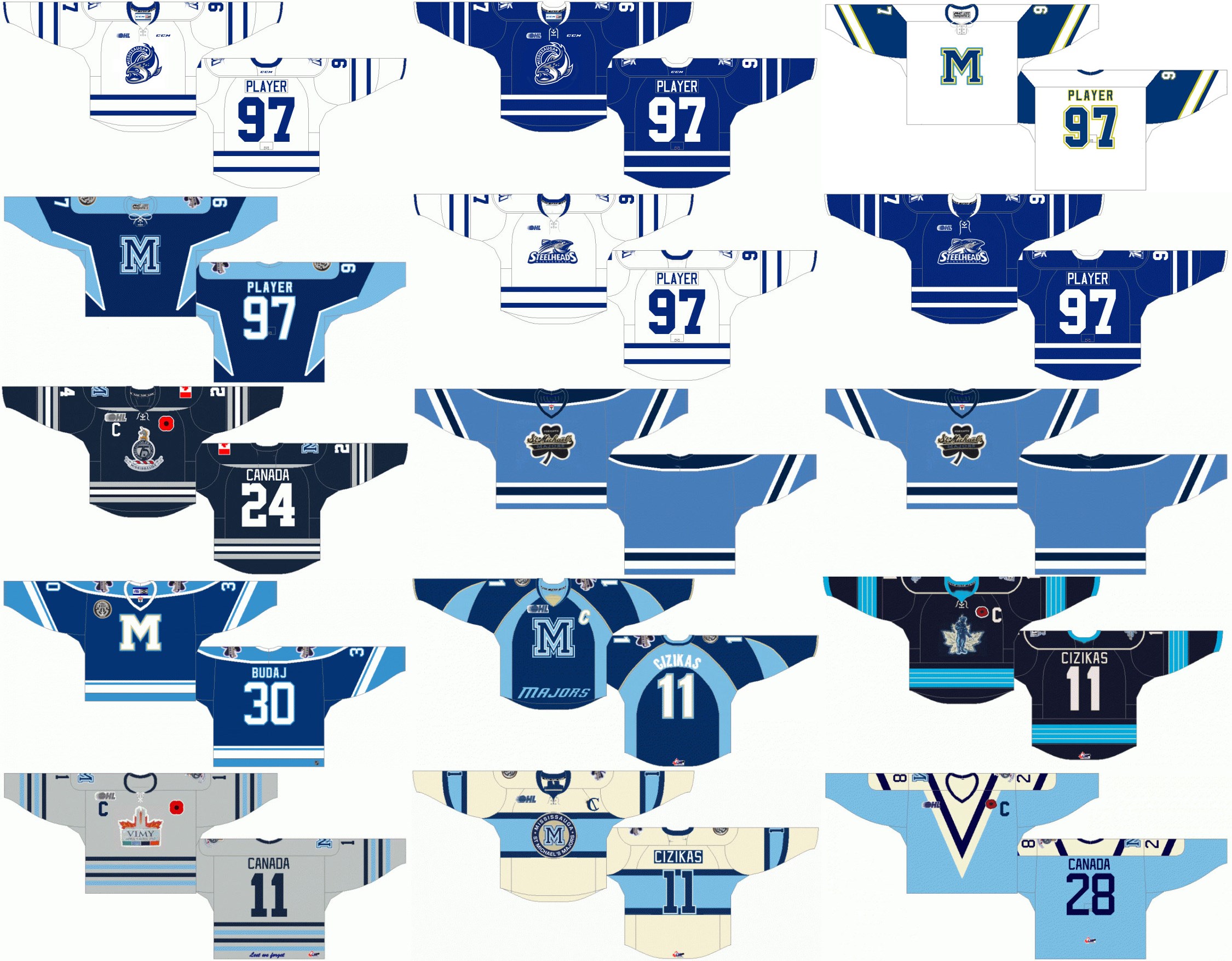 Custom 1997 98-2006 07 OHL Mens Womens Kids White Blue Black Grey Stiched Mississauga Steelheads Logos Ontario Hockey League Jersey