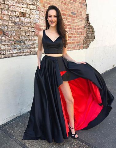 

Black Satin Two Pieces Prom Dresses A-Line Sweetheart Tank Evening Party Dresses Leg Slit Girls Graduation Party Dresses, Light sky blue