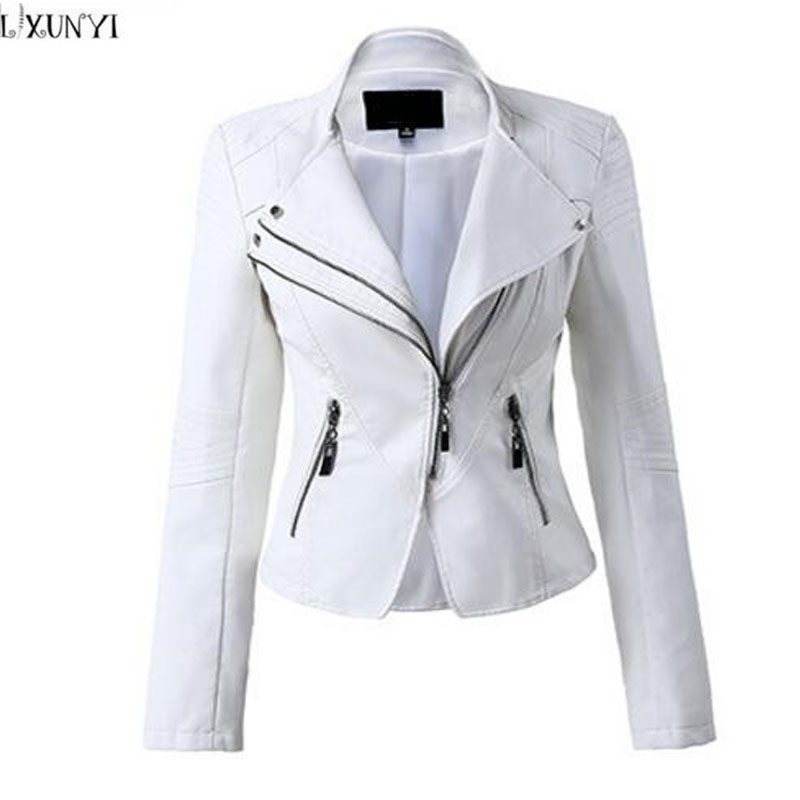 Wholesale- LXUNYI White Black PU leather Motorcycle jacket Women 2017 Autumn Short Slim Zipper Coat Plus Size Ladies leather jackets Faux