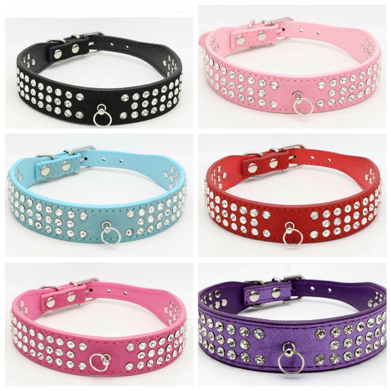 

personalized Length Suede Skin Jeweled Rhinestones Pet Dog Collars Three Rows Sparkly Crystal Diamonds Studded Puppy Dog Collar