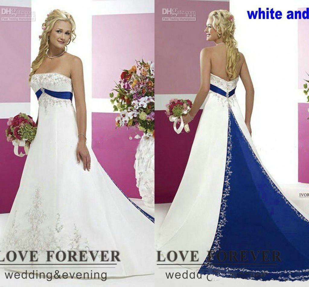 Vintage Plus Size strapless corset Wedding Dresses Silver Embroidery On Satin White and Royal Blue Floor Length Bridal Gowns Custom Made