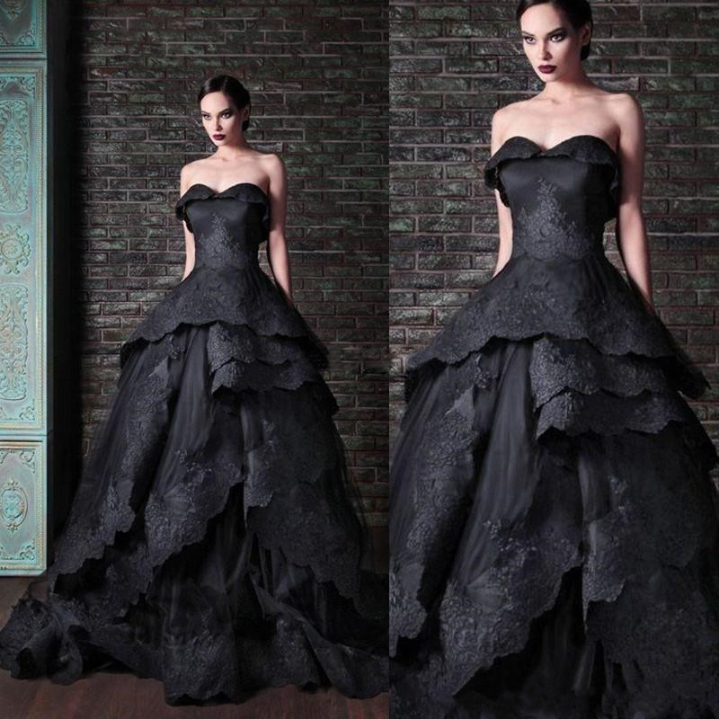 

2018 New Gothic Black Ball Gown Wedding Dresses Sweetheart Sleeveless Zipper Lace Appliques Tulle Tiered Skirts Custom Made Bridal Gowns, Ivory