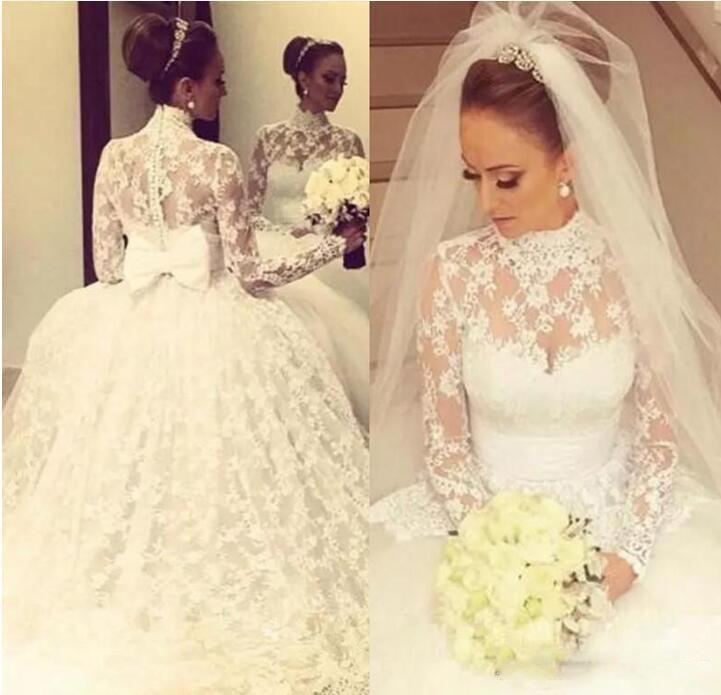 

Vintage Lace High Neck Wedding Dresses 2018 Ball Gown Bridal Gowns Saudi Arabic Back Covered Buttons Sheer Long Sleeves Wedding Vestidos, Silver