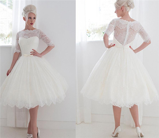 

1950's Style Short Wedding Dresses Bateau Lace Ribbon Illusion Back Beach Spring Tea Length Bridal Gowns Lace with Half Sleeves, White
