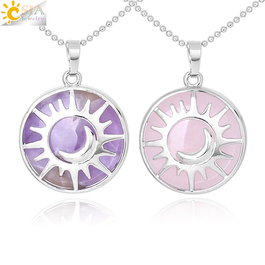 

CSJA Fashion Sun Moon Necklace Natural Stone Flat Round Beads Pendant Reiki Healing Jewelry for Women Men Lucky Mascot Charms Gift F335 A, Silver