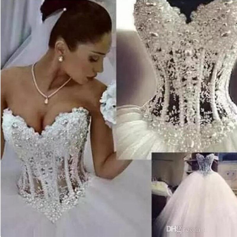 

Discount Ball Gown Wedding Dresses Sweetheart Corset See Through Floor Length Princess Bridal Gowns Beaded Lace Pearls Custom Made Bridal, White