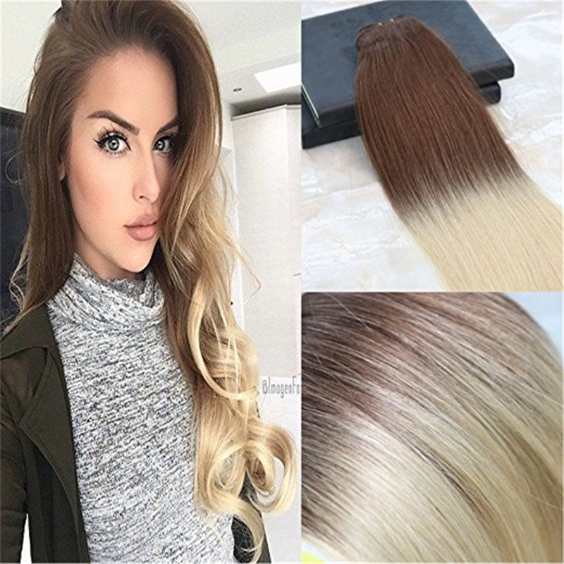 

Balayage Ombre Human Hair Extensions Color #4 Chololates Brown Fading to #613 Bleach Blonde Double Weft Real Hair