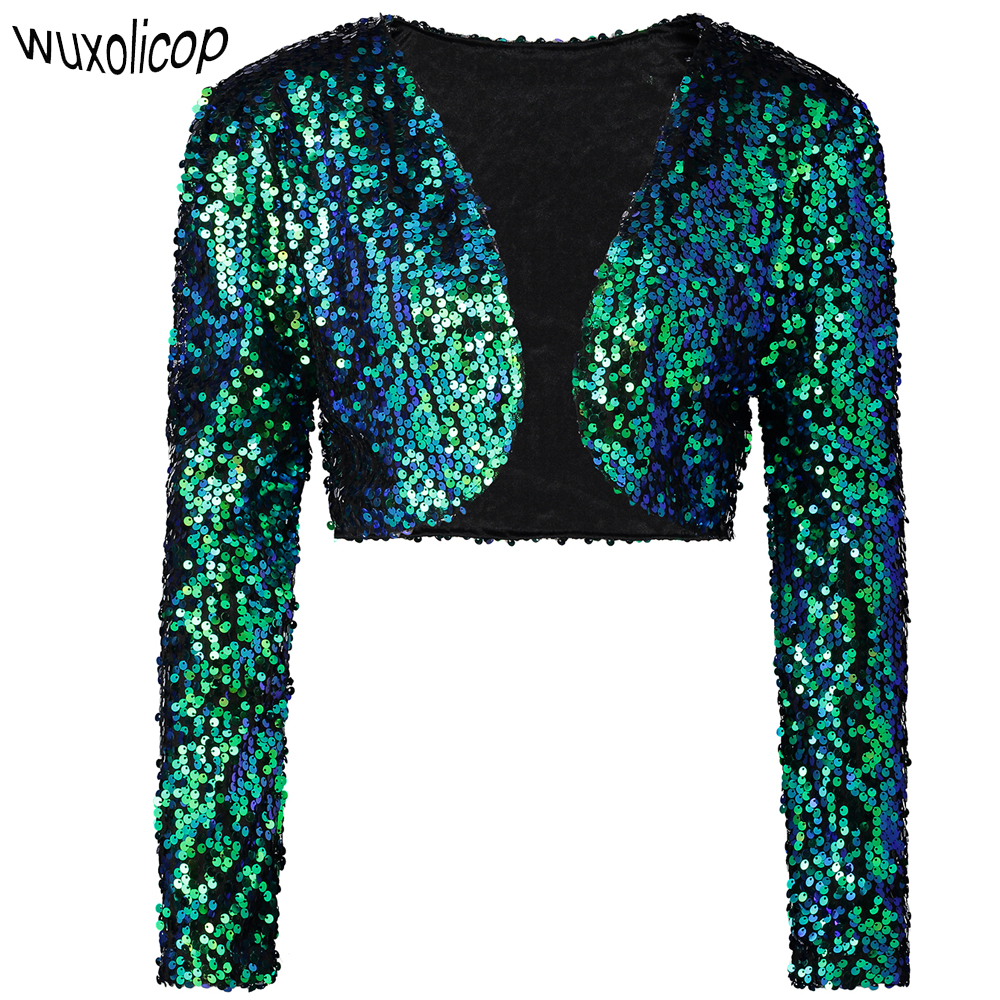 

Wholesale-Vintage Women Cropped Blazer Bolero Shrug Clubwear Party Costumes Shiny Sequin V-Neck Short Vest Sexy Cardigan Jacket Coat, Gold