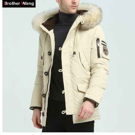 Brother Wang Brand Winter New Men's Down Jacket Fashion Casual Hooded Thick Warm Long Coat Fur Collar Jacket