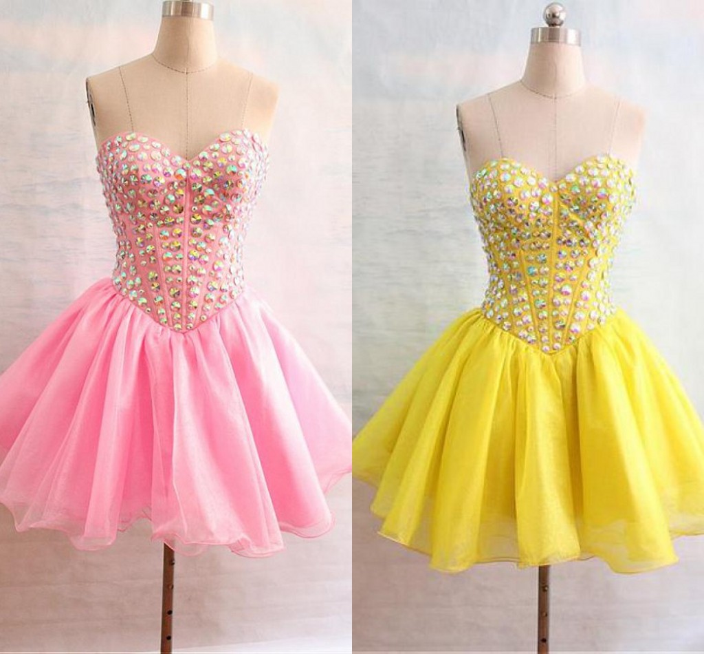 

Pink Yellow Short Homecoming Prom Dress Cheap Sweetheart Crystal Organza Mini Lace up Back Ruched Cocktail Graduation Dress Gown, Hunter