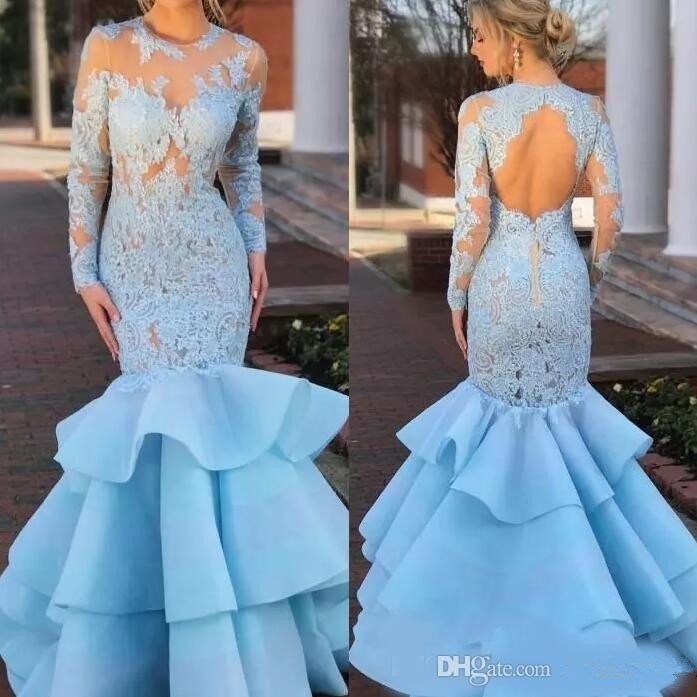 Light Sky Blue Prom Dresses 2021 Sheer Jewel Neck Long Sleeves Sexy Open Back Tiered Skirts Floor Length Evening Gowns