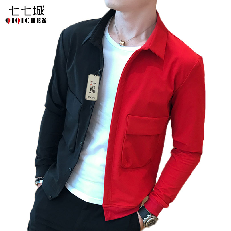 Hip Hop Jacket Red Black Patchwork Men Bomber Jacket Slim Men Single-breasted Cardigan Fashion Casual Baseball