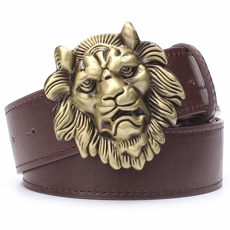 

Men's belt gold Lion head male strap fashion Pu leather belt metal buckle casual pants belt big golden lion king head, Black;brown