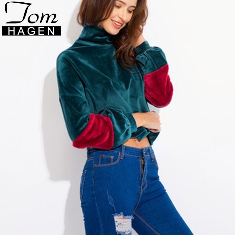 

Winter Fashion Turtleneck Velvet Blouse Tops Women Basic Shirt Green Contrast Color Female Elegant Loose Warm Crop Top Blusas