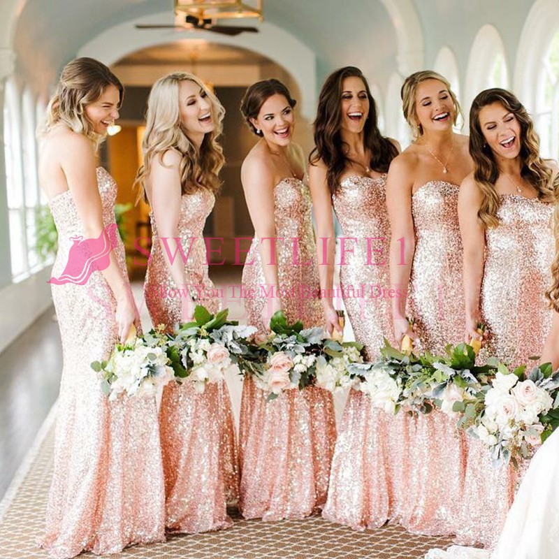

Sparkly Rose Gold Sequins Bridesmaid Dresses 2019 New Sweetheart Neck Mermaid For Garden Wedding Maid Of Honor Wedding Guest Gown Custom