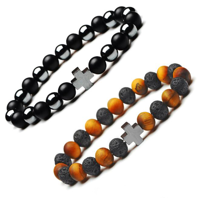 

JLN Matt Tiger Eye Onyx Hematite Cross Bracelet Gemstone Power Beads Beaded Stretch Bracelet For Man Woman