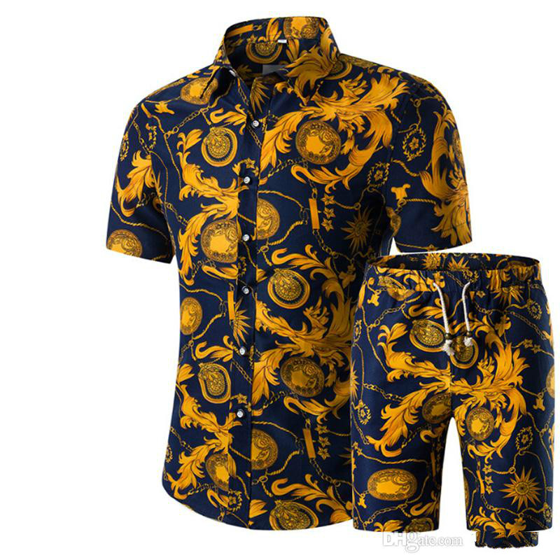 

Men Shirts+Shorts Set New Summer Casual Printed Hawaiian Shirt Homme Short Male Printing Dress Suit Sets Plus Size, White;black