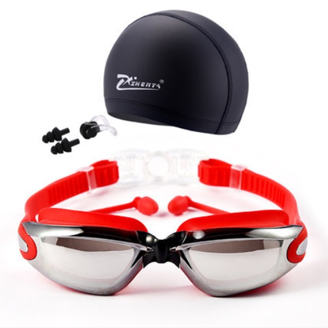 

3pcs/set Swimming Myopia Goggles Caps Earplug Outdoor Electroplating Swim Glasses No Leaking Anti UV Protection Waterproof Swimming Eyewear