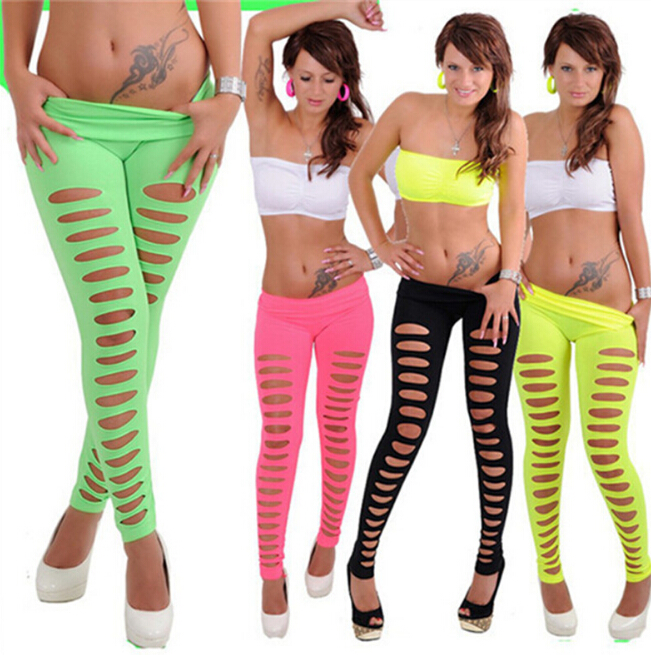

Women Candy Color Leggings Holes Design Spring Knitted Elastic Ankle-length Tights Leggings, Pink