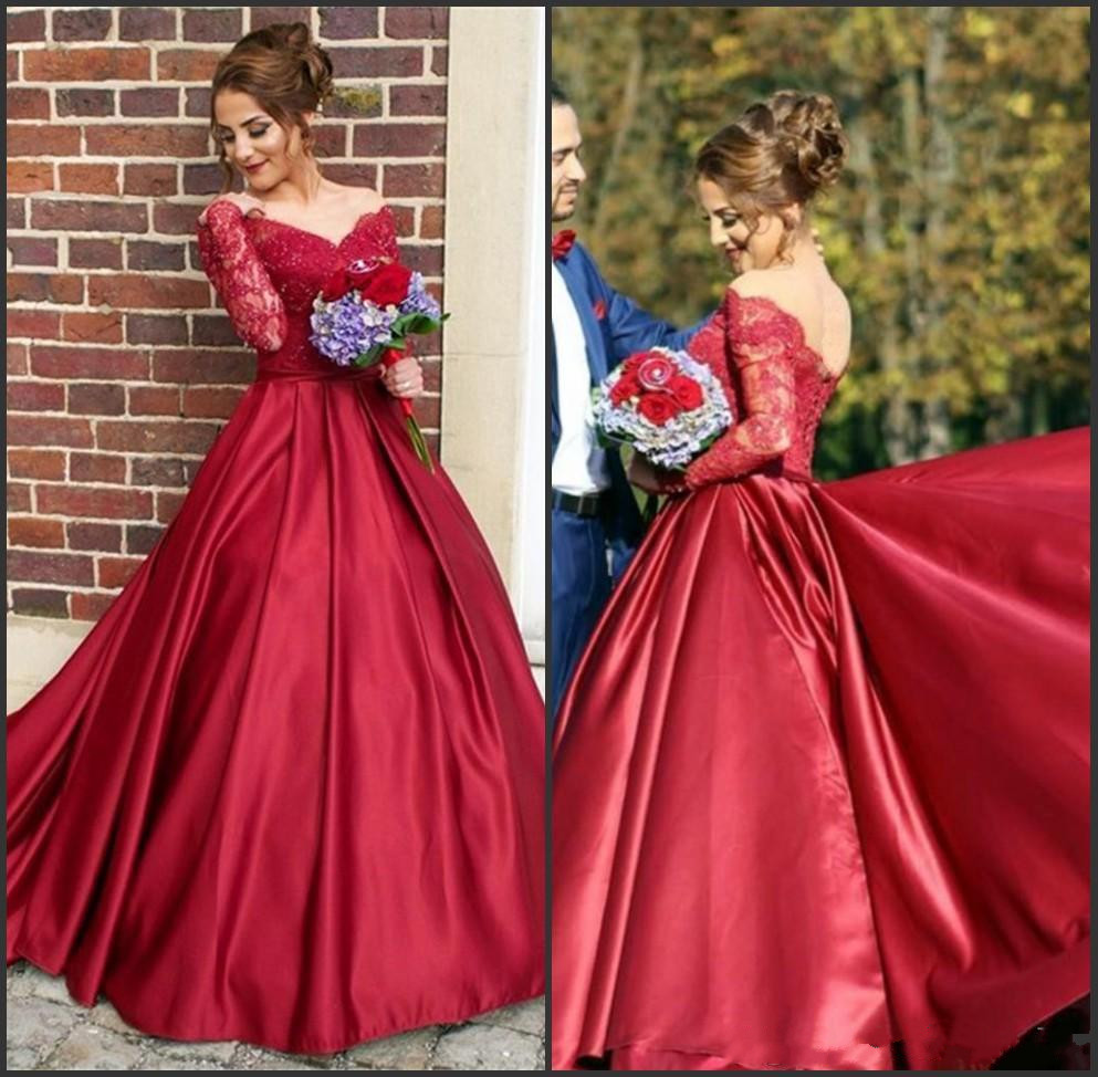 

Red Satin A-Line Evening Dresses With Long Sleeves Off Shoulder Applique Lace Prom Party Dress Formal Evening Gowns, Silver