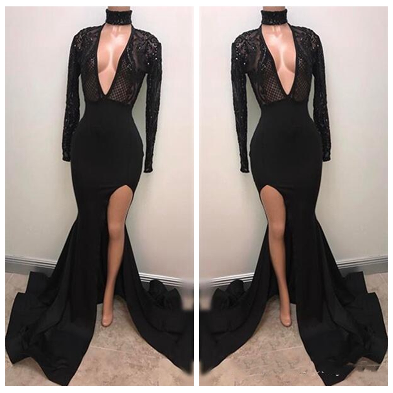 

2018 Deep V-Neck Black Evening Dresses Lace Appliqued Long Sleeves Mermaid Plunging Sexy Split Prom Gowns Pageant Wear Beading, Gray