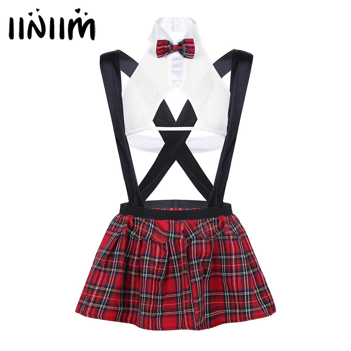 

Women School Girl Sexy Costumes Lingerie See-through Outfit Nightclub Cosplay Top with Suspender Plaid Mini Skirt + G-string C18111601, Black