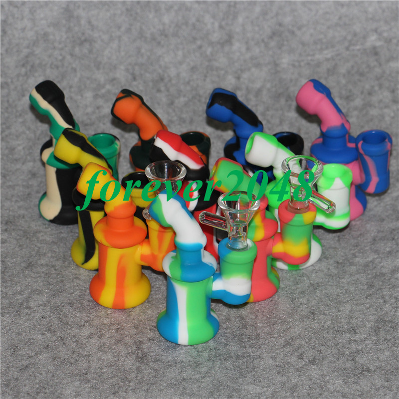 

Mini Silicone Bubbler Rig silicone smoking pipe Hand Spoon Pipe Hookah Bongs silicon oil dab rigs with glass bowl silicone hand pipes