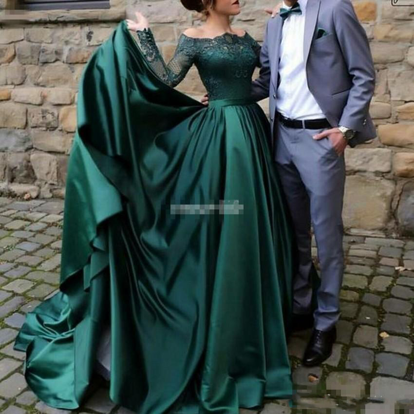 

Dark Green Evening Dresses 2018 Long Sleeves Prom Dress Lace Applique Vintage Plus Size Long Formal Party Gowns Saudi Arabia Women Wear, Water melon