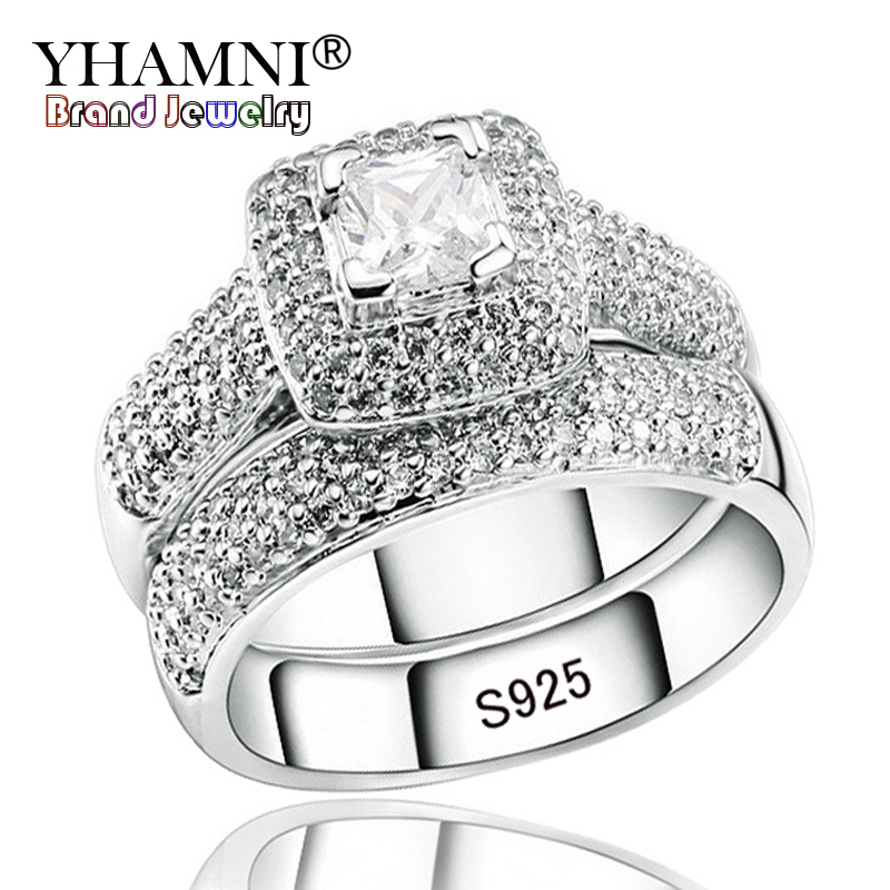 

YHAMNI Luxury Engagement Double Rings Set Original Real 925 Solid Silver White CZ Zircon Ring Set Wedding Fine jewelry R149