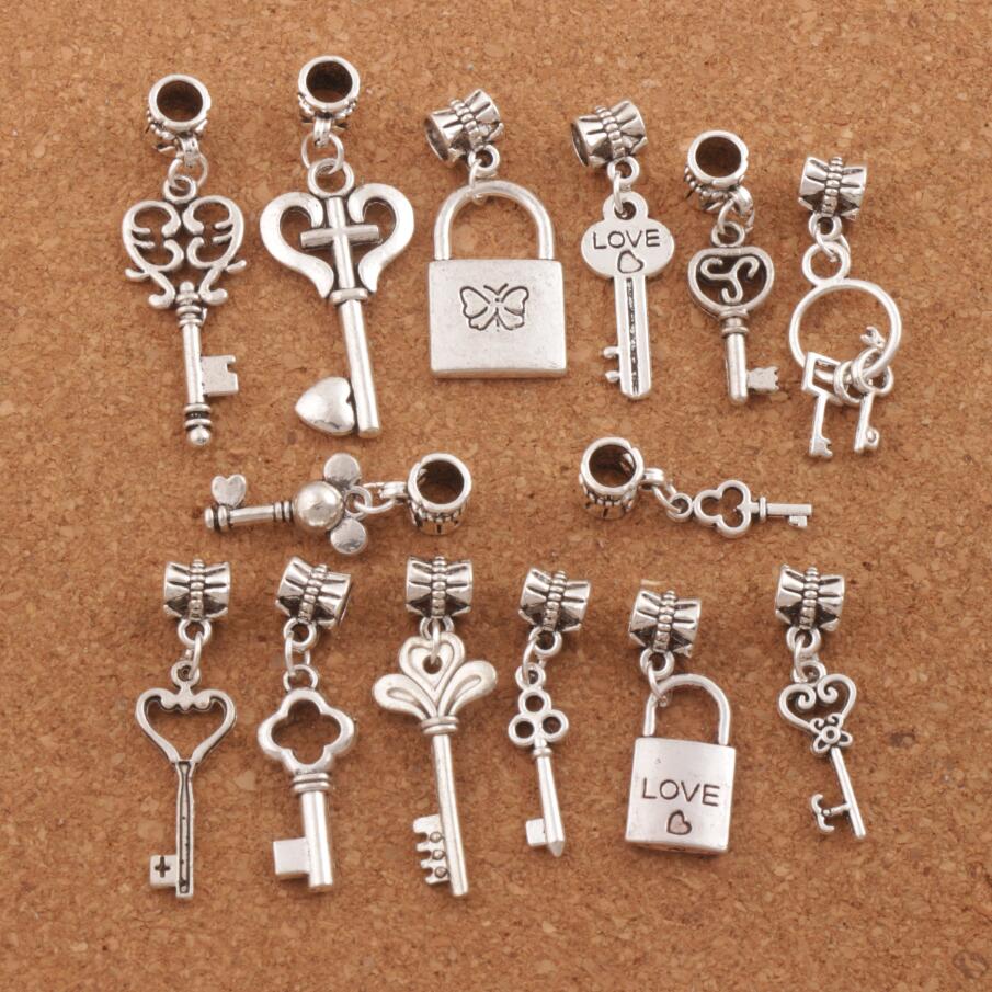 

14Styles Alloy Love Key Locket Loose Beads Charm 140pcs/lot Metal Big Hole Dangle Fit European Bracelet Jewelry DIY