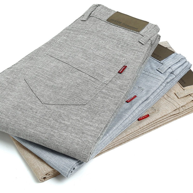 

summer high quality Men's Linen cotton Pants men Casual Stretch trousers light weight pant, Black
