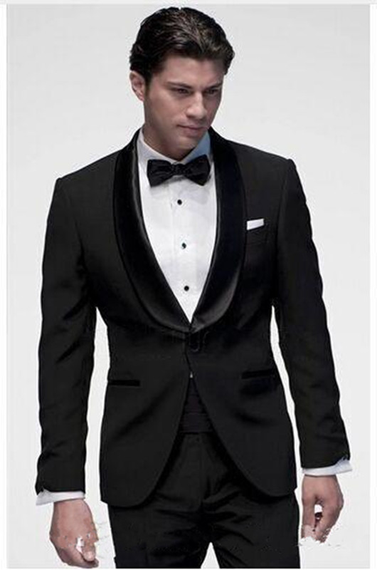

2018 Custom Made Black Groom Tuxedos Two Pieces Shawl Lapel Best Groomsmen Suit Cheap Mens Wedding Suits (Jacket+Pants+Tie)