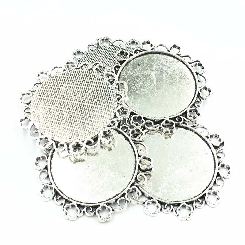 

5Pcs Necklace Pendant Silver Tone Flower Lace Metal Seing Jewelry Cabochon Cameo Base Tray Bezel Blank Fit 34mm Cabochons 49mm
