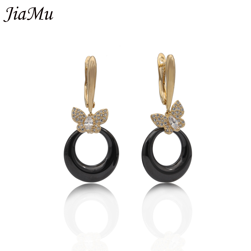 JiaMu nouvelle 585 rose or naturel zircon noir blanc boucle d'oreille en céramique doré papillon zircon goutte pendentif femmes boucle d'oreille