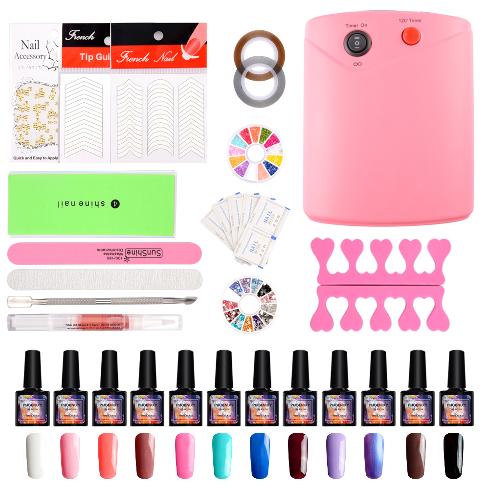 

36w led lamp timer nail dryer choose 12 colors uv gel polish nail art kit set uv gel polish manicure set, No lamp