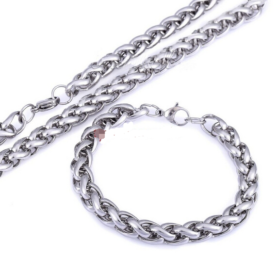 

24''+8.5'' Pure 316L Stainless Steel Silver HUGE 6mm wide wheat Rope chain link Chain Necklace & Bracelet Mens Boys Trendy Jewelry Set