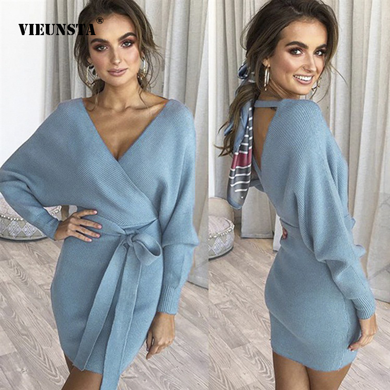 

VIEUNSTA New Autumn Winter Backless Sweater Dress Women Cross Double V-neck knitted Warm Dresses Sexy Bodycon Slim Belted Dress, 02royal blue