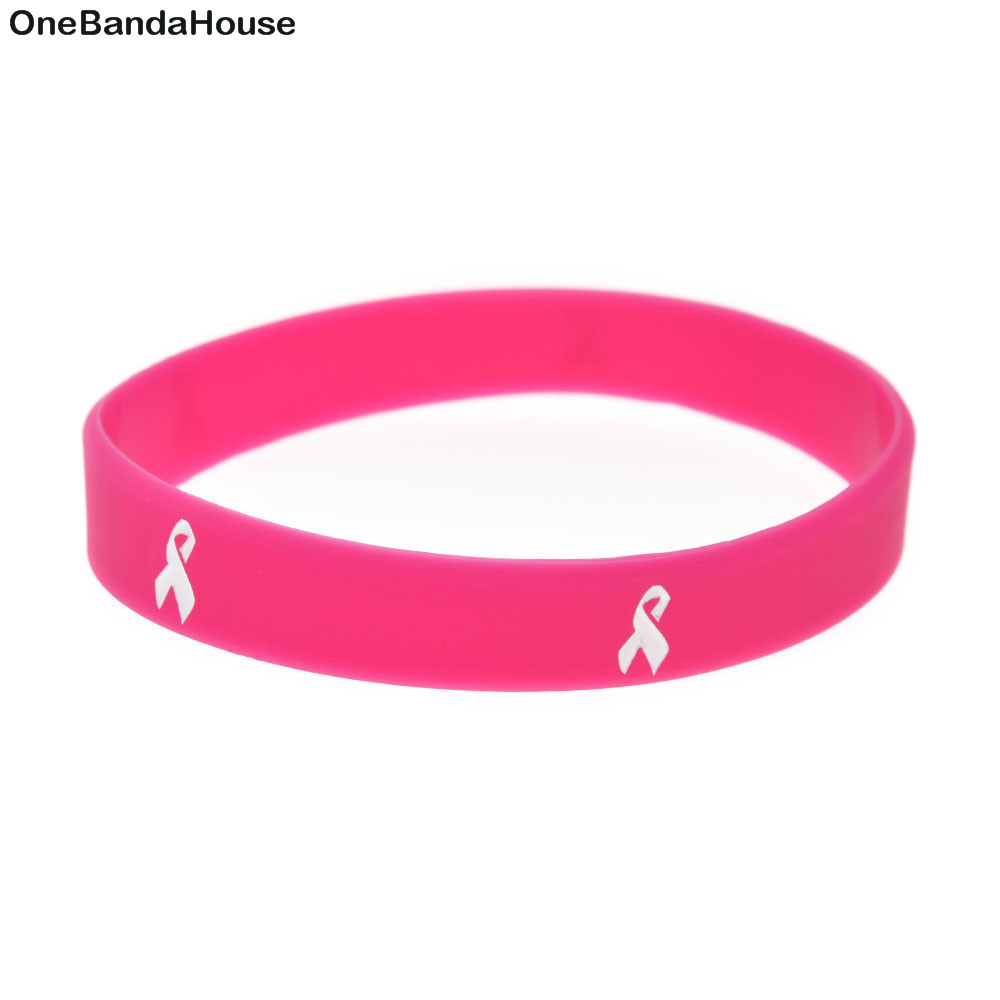 

100PCS Cancer Ribbon Logo Silicone Rubber Bracelet Debossed and Filled in Color Adult Size 3 Colors