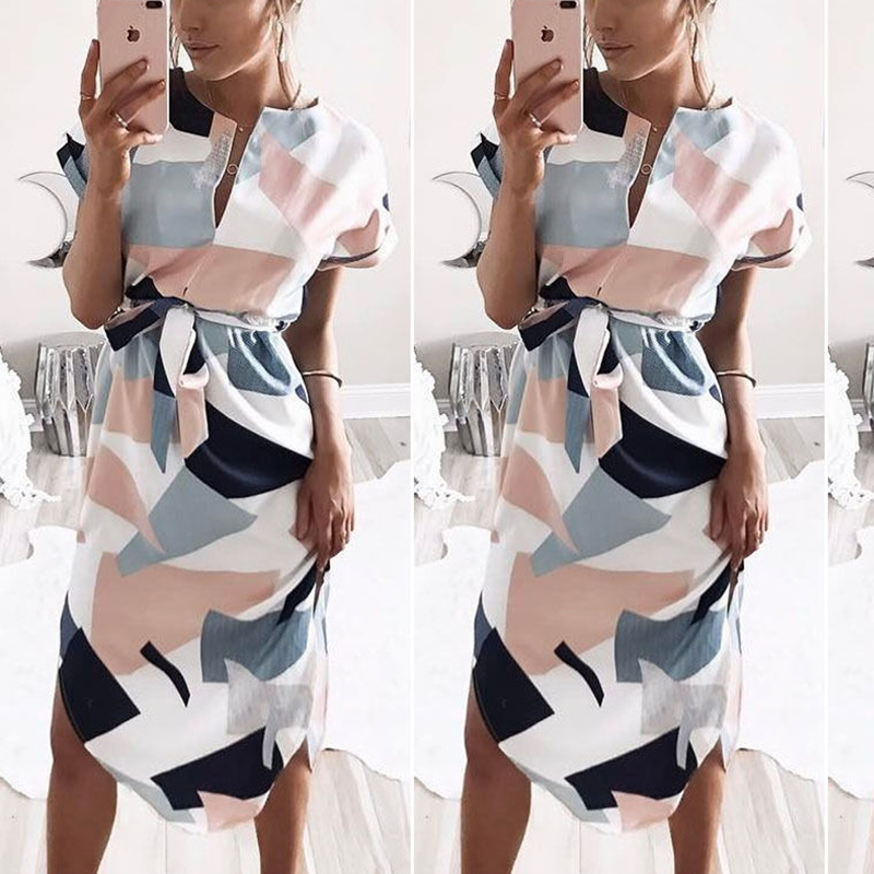 

Summer Sexy Dress Casual Asymmetrical Geometric Printing Dresses Women Short Sash Knee-Length Dress O-Neck Elegant Hot Sale, Black;gray