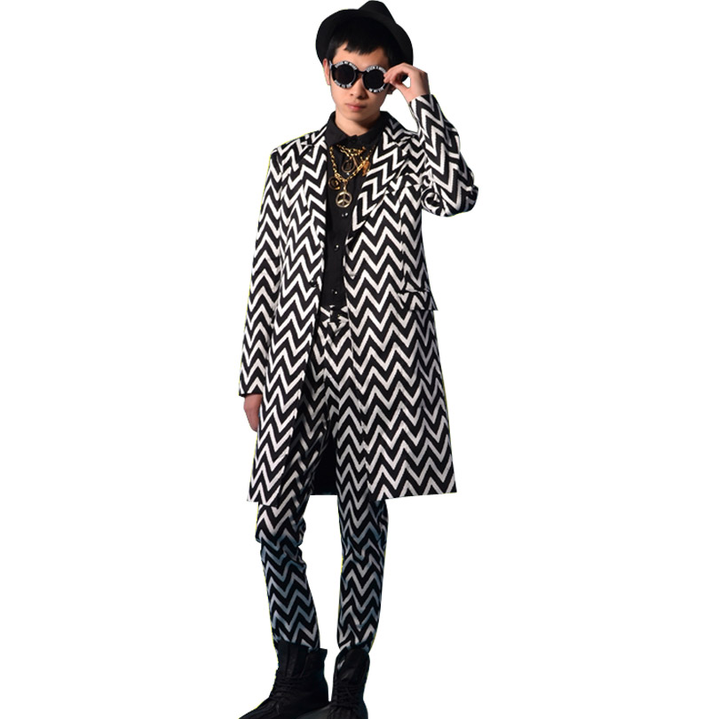 

Black White Stripe Men Casual Suit Trouser Custom Stage Fashion Show Costumes Male Long Blazers Suit Coat, Pants