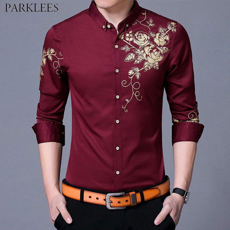 Brand Wine Red Mens Dress Shirts 2018 Fashion Golden Rose Flower Print Button Down Shirt Men Slim Fit Long Sleeve Chemise Homme D18102301