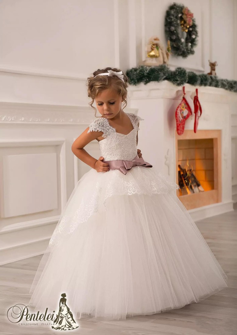 

beautiful flower girl dresses lace applique ball gown sleeveless floor length kids dresses cute bow little girl dresses, Champagne