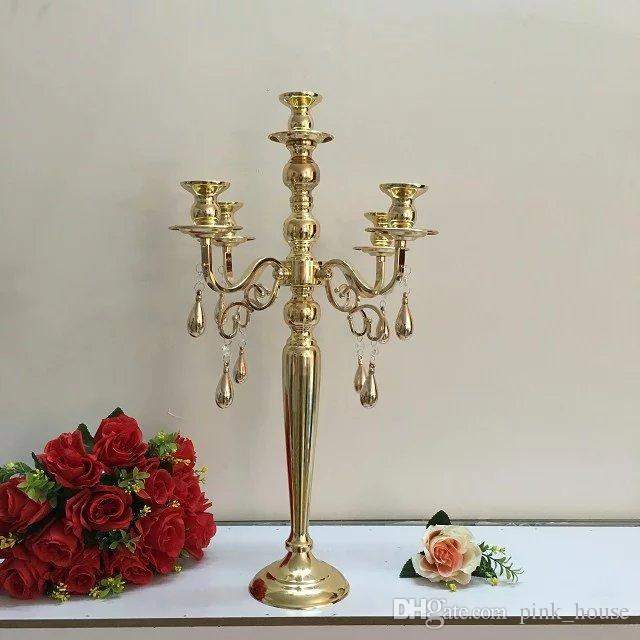 

elegant Gold color metal material candelabra centerpieces with crystal 5 arms wedding gold candelabra for wedding table decoration
