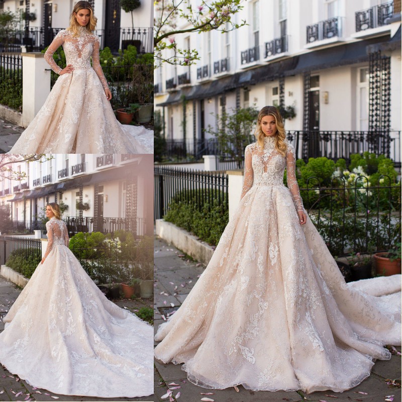 Milla Nova 2019 Winter Wedding Dresses with Long Sleeves High Neck Court Train Gorgeous Full Lace Wedding Dress Custom Made Bridal Gowns