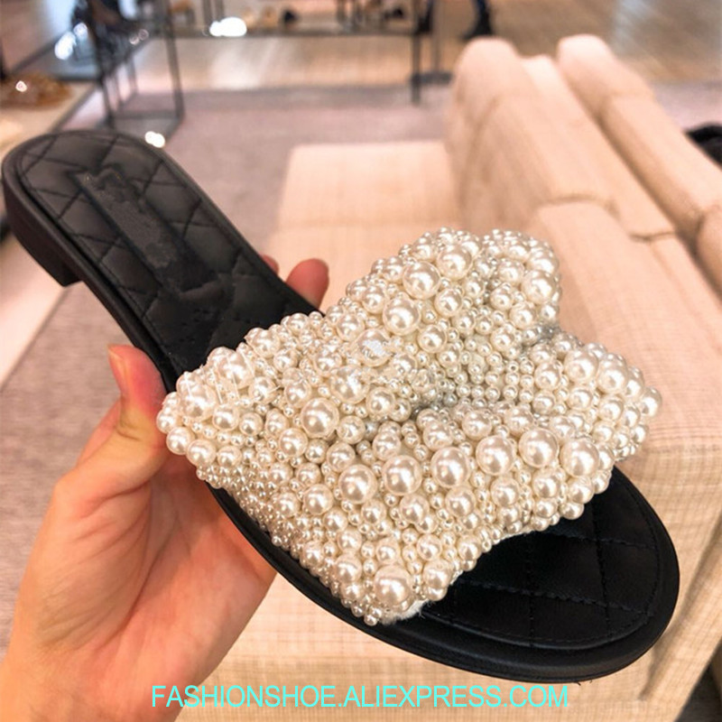 

Fashion 2018 Design Pearl Beading Women Slippers Sweet Summer Sandals Women Casual Flats Slip On Outside Slides Sandalias Mujer, As show
