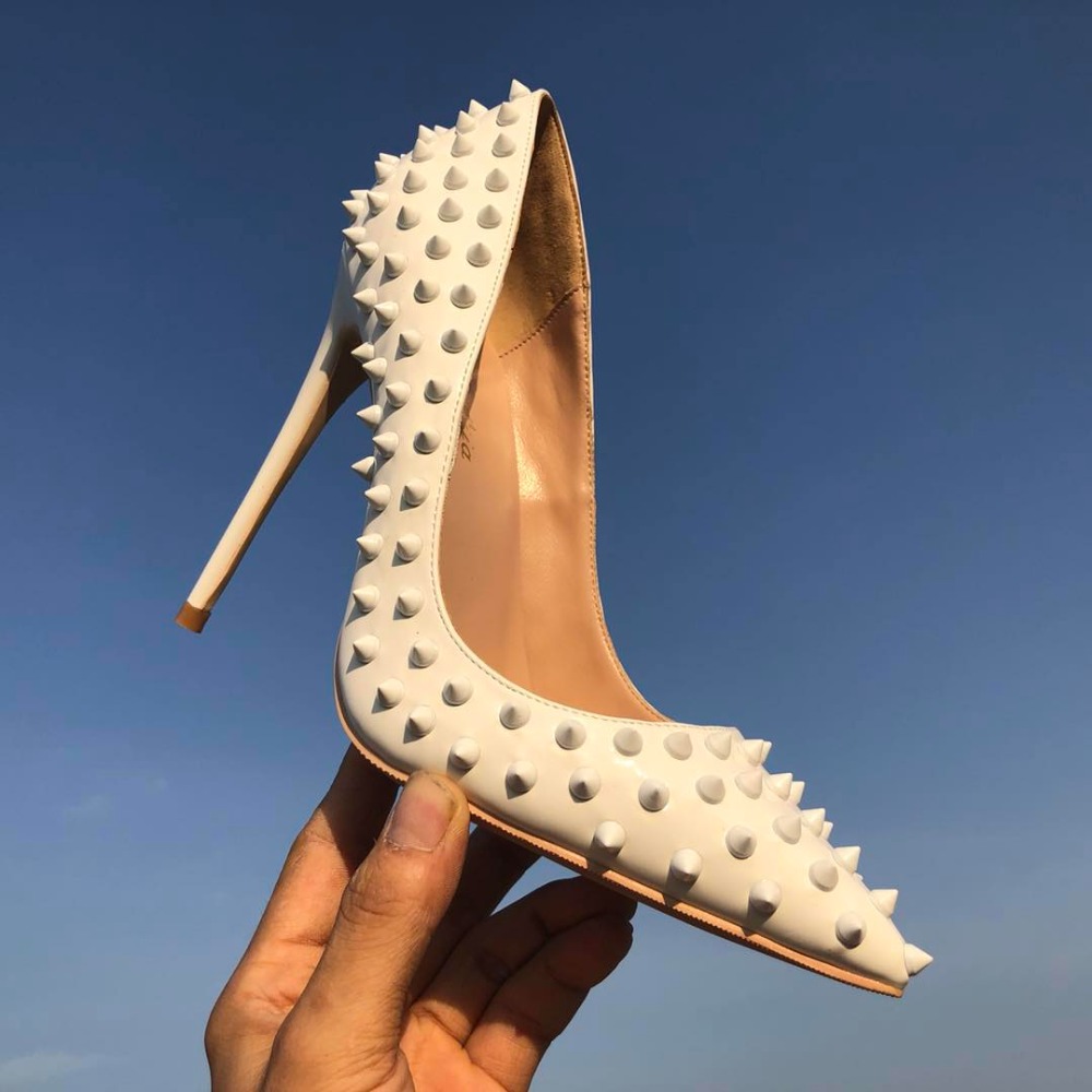 

Brand Shoes Red Sloe Women Pumps High Heel Shoes Rivet Pointed Toe Fine Heel Lady Wedding Shoes Bottom For the Red Fashion Party +Logo+Box, Black