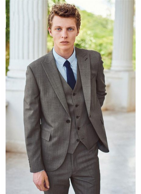 

New Arrivals One Button Gray Groom Tuxedos Groomsmen Peak Lapel Best Man Blazer Mens Wedding Suits (Jacket+Pants+Vest+Tie) H:818, Same as image