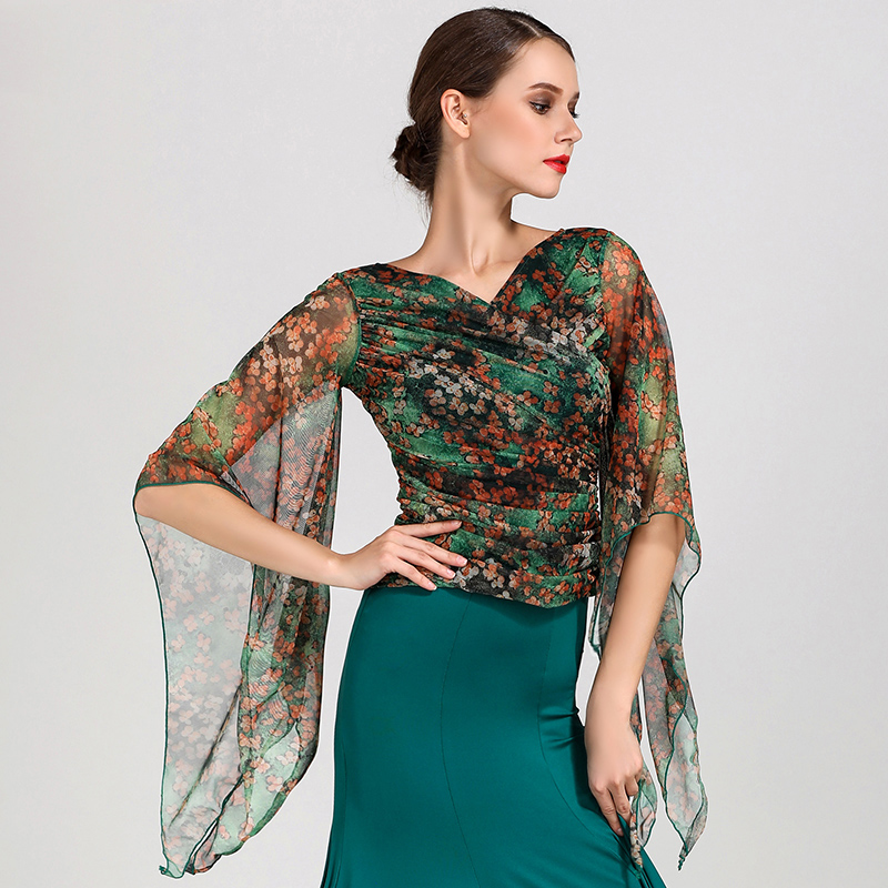 

Fashion Top Shirt for Ballroom Waltz Dance CHEAPEST (D0405) Tango 4 Colors Novelty Sleeve with Ruffles, Green